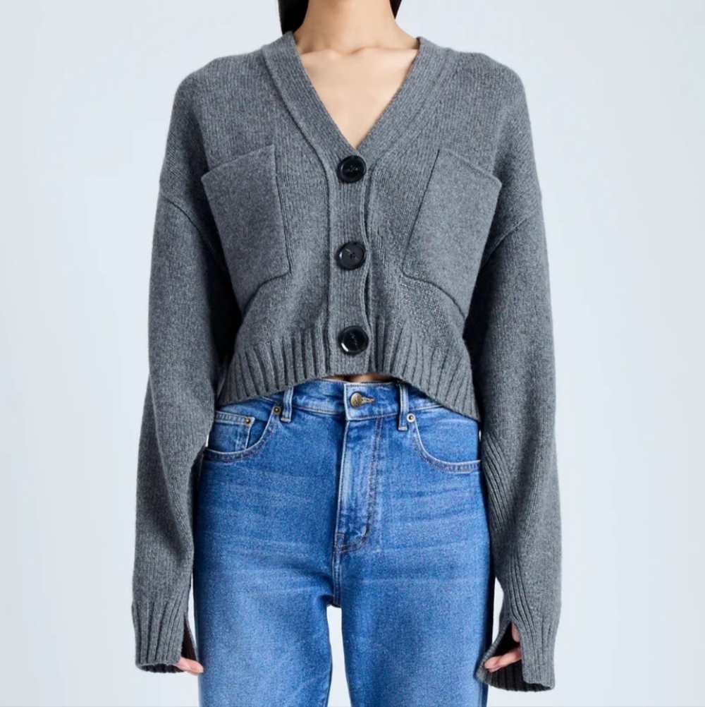 Proenza Schouler Dark Gray V-Neck Button Cropped Cashmere Sweater Cardigan